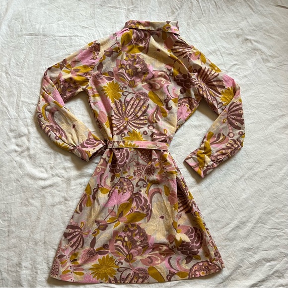 Unique Vintage Tie Shirt Dress w Retro Floral Print-Pink/Purple/Yellow Sz Med - Picture 2 of 7